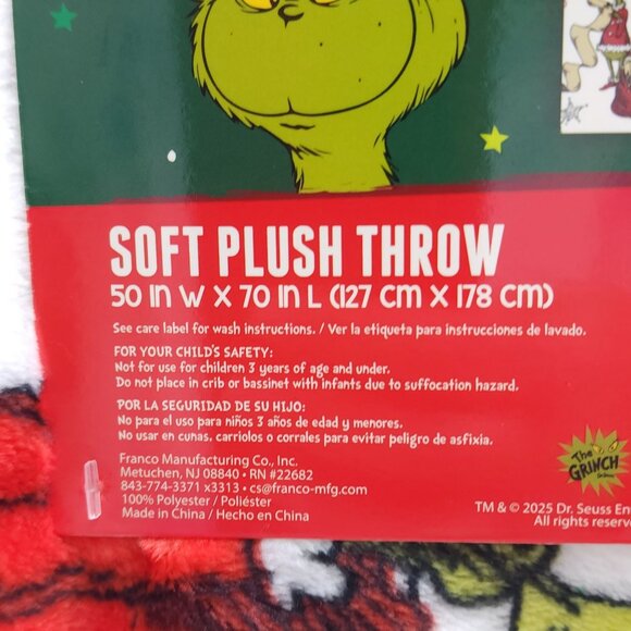 The Grinch Dr. Seuss Christmas Soft Plush Throw Blanket 50x70 Inches Candy Cane - Picture 6 of 10